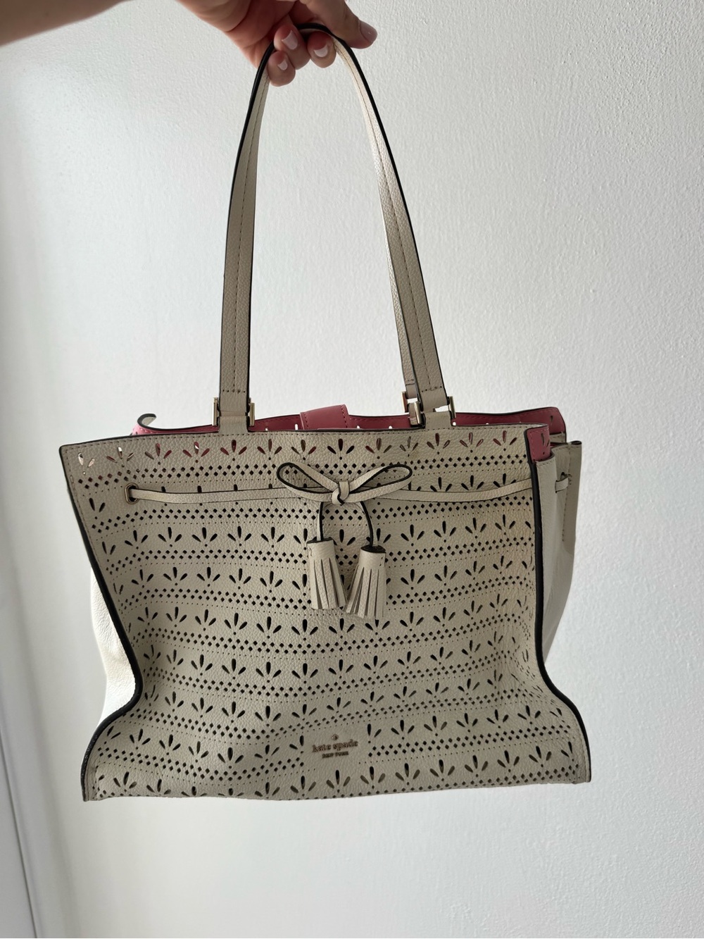 kate spade Cream Tote with Pink Interior and Tassel Detail